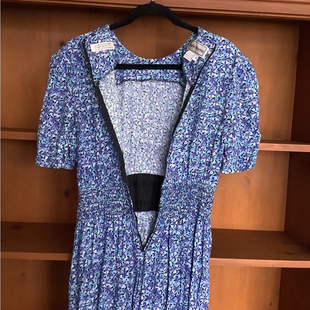 VTG 80s Karin Stevens Blue Floral Midi Dress Size 8 | Prairie Secretary Dress - Picture 12 of 14